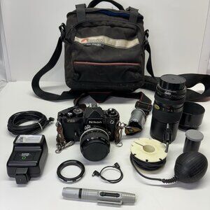 Nikon FE2 Black 35mm SLR Film Camera W/ Nikkor Lens 28mm 1:2.8 & Macro 80-200mm